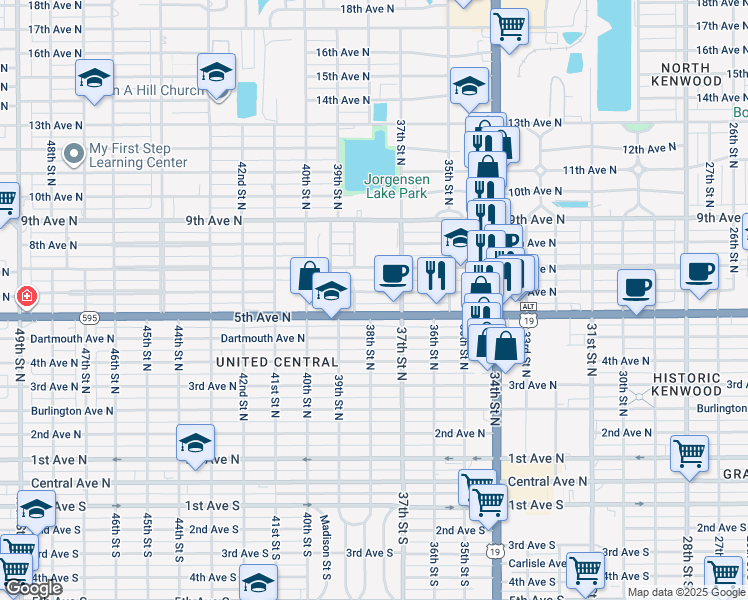 map of restaurants, bars, coffee shops, grocery stores, and more near 3747 6th Avenue North in St. Petersburg