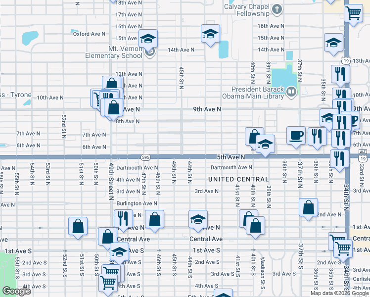 map of restaurants, bars, coffee shops, grocery stores, and more near 601 45th Street North in St. Petersburg