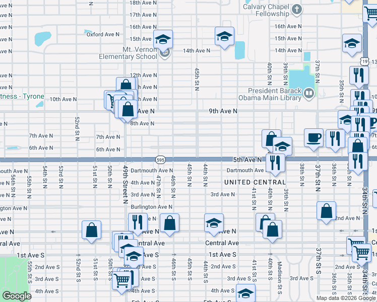 map of restaurants, bars, coffee shops, grocery stores, and more near 4545 6th Avenue North in St. Petersburg