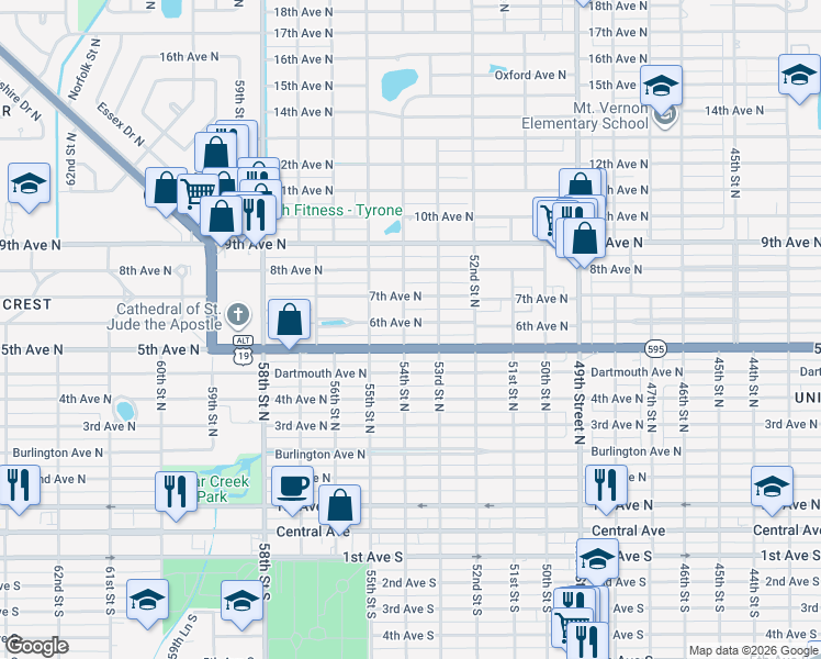 map of restaurants, bars, coffee shops, grocery stores, and more near 5401 6th Avenue North in St. Petersburg