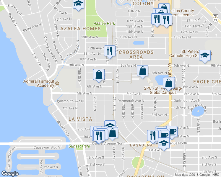 map of restaurants, bars, coffee shops, grocery stores, and more near 7113 6th Avenue North in St. Petersburg