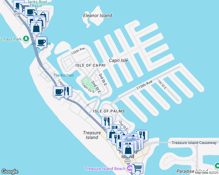 map of restaurants, bars, coffee shops, grocery stores, and more near 11755 3rd Street East in Treasure Island