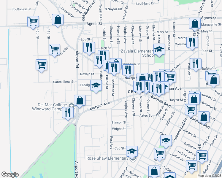 map of restaurants, bars, coffee shops, grocery stores, and more near 450 Shawnee Street in Corpus Christi