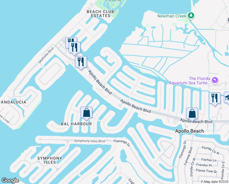 map of restaurants, bars, coffee shops, grocery stores, and more near 1016 Spindle Palm Way in Apollo Beach