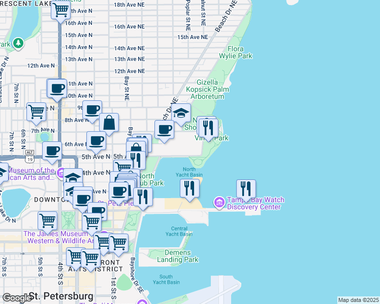 map of restaurants, bars, coffee shops, grocery stores, and more near 595 5th Avenue Northeast in St. Petersburg