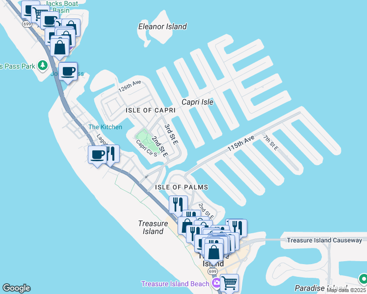 map of restaurants, bars, coffee shops, grocery stores, and more near 11755 3rd Street East in Treasure Island
