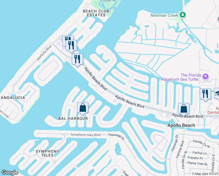 map of restaurants, bars, coffee shops, grocery stores, and more near 1016 Spindle Palm Way in Apollo Beach
