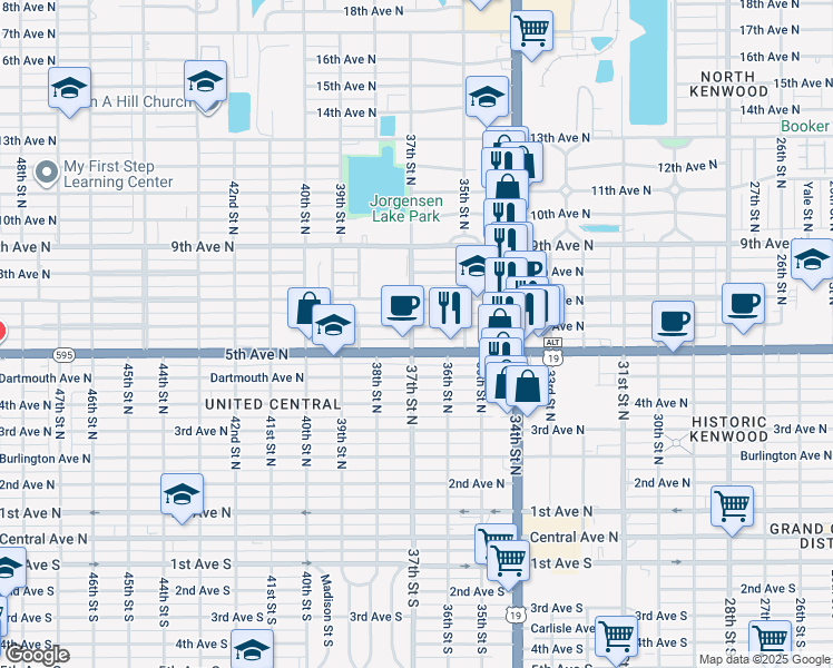 map of restaurants, bars, coffee shops, grocery stores, and more near 3627 6th Avenue North in St. Petersburg