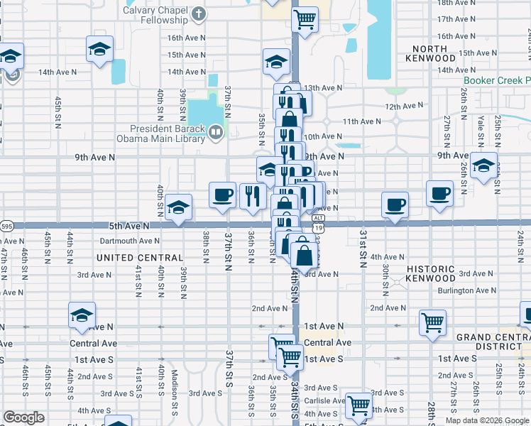 map of restaurants, bars, coffee shops, grocery stores, and more near 3505 6th Avenue North in St. Petersburg