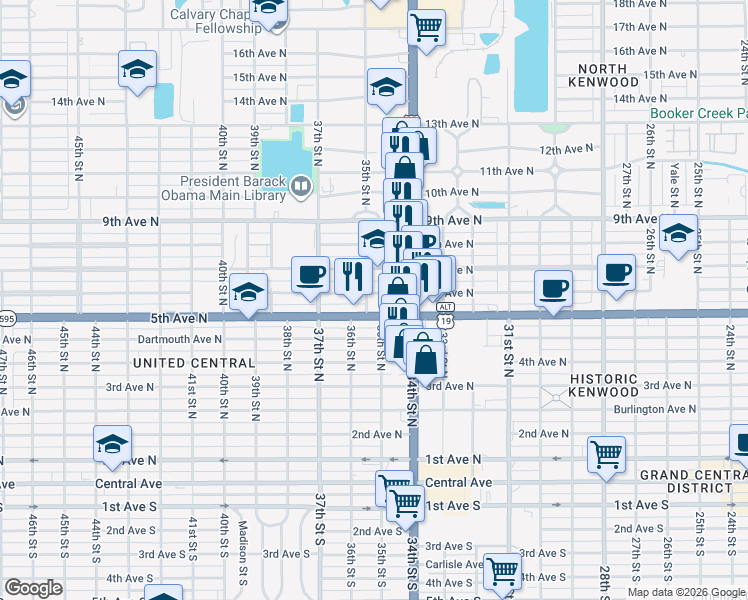 map of restaurants, bars, coffee shops, grocery stores, and more near 3505 6th Avenue North in St. Petersburg