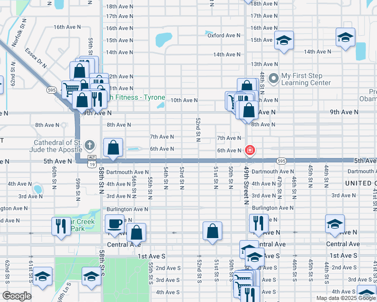 map of restaurants, bars, coffee shops, grocery stores, and more near 5301 6th Avenue North in St. Petersburg