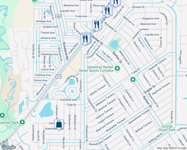 map of restaurants, bars, coffee shops, grocery stores, and more near 1151 Clearmont Street in Sebastian