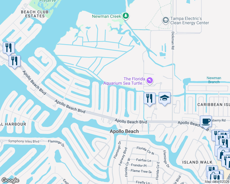 map of restaurants, bars, coffee shops, grocery stores, and more near 6533 Senegal Palm Way in Apollo Beach