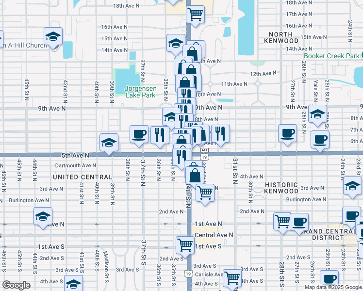 map of restaurants, bars, coffee shops, grocery stores, and more near 600 U.S. 19 in St. Petersburg