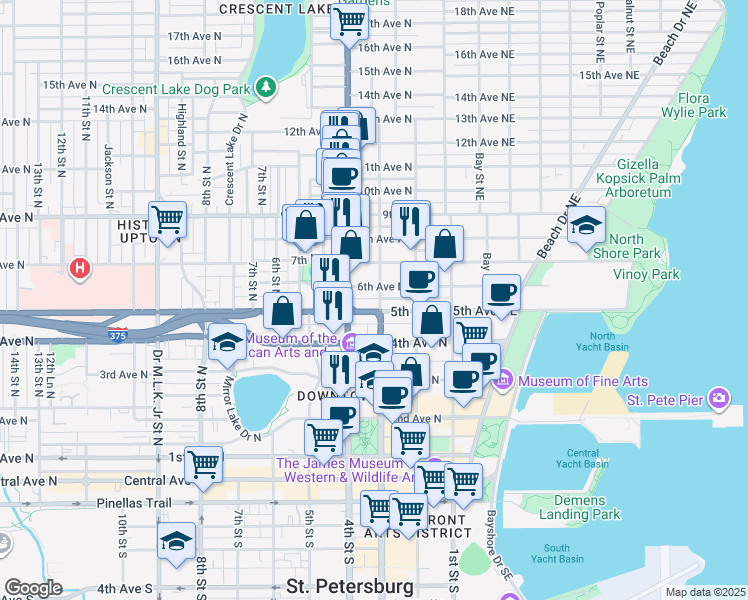 map of restaurants, bars, coffee shops, grocery stores, and more near 334n 6th Avenue North in St. Petersburg