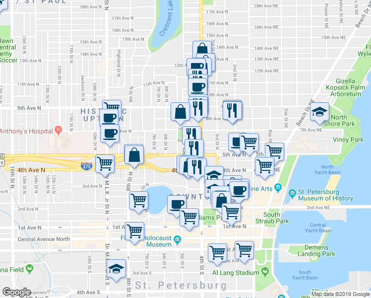 map of restaurants, bars, coffee shops, grocery stores, and more near 450 6th Avenue North in St. Petersburg