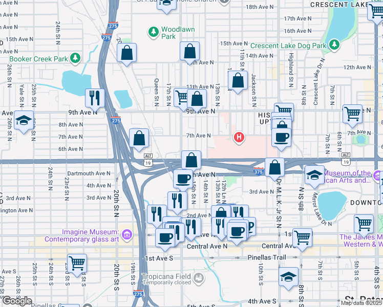 map of restaurants, bars, coffee shops, grocery stores, and more near 601 16th Street North in St. Petersburg