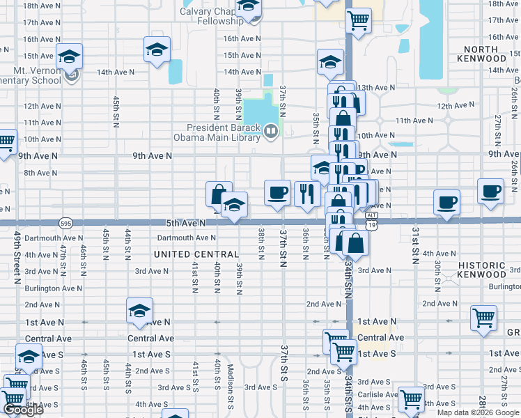 map of restaurants, bars, coffee shops, grocery stores, and more near 3747 6th Avenue North in St. Petersburg