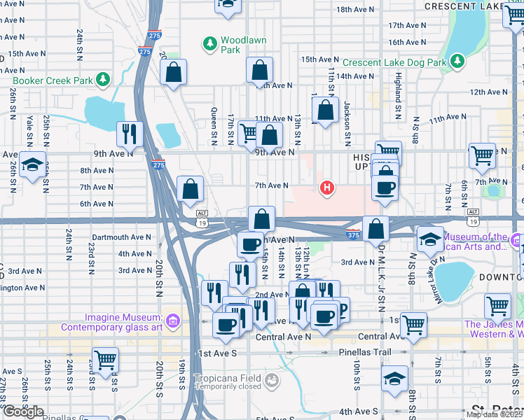 map of restaurants, bars, coffee shops, grocery stores, and more near 601 16th Street North in St. Petersburg