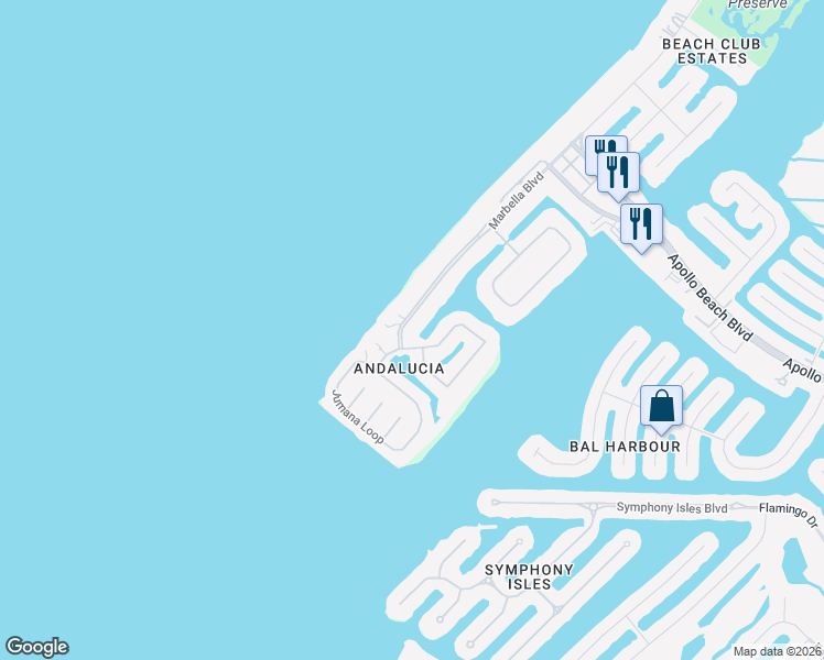 map of restaurants, bars, coffee shops, grocery stores, and more near 6107 Marbella Boulevard in Apollo Beach