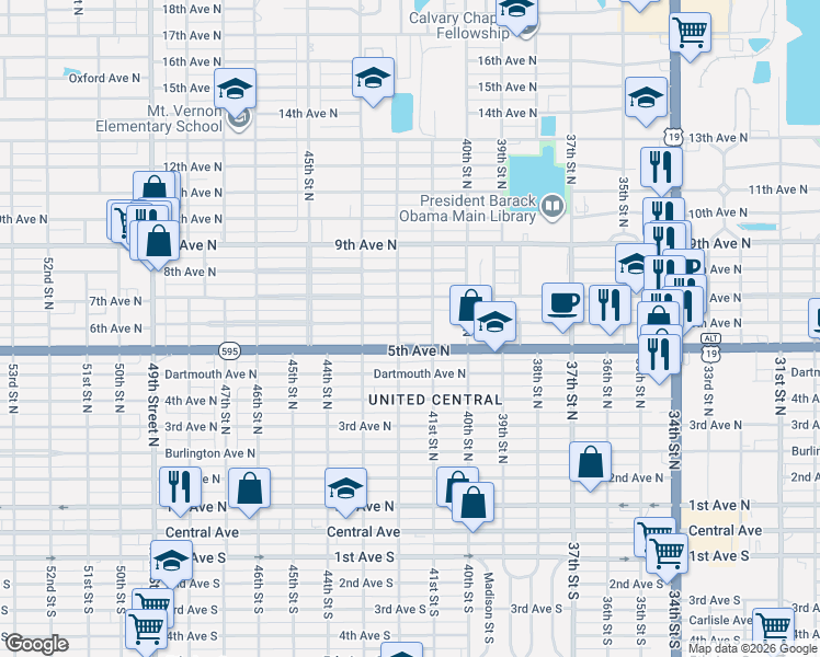 map of restaurants, bars, coffee shops, grocery stores, and more near 4142 6th Avenue North in St. Petersburg