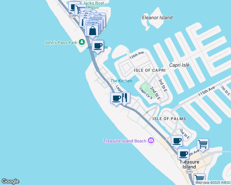 map of restaurants, bars, coffee shops, grocery stores, and more near 12205 Gulf Boulevard in Treasure Island