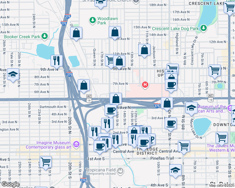 map of restaurants, bars, coffee shops, grocery stores, and more near 601 16th Street North in St. Petersburg