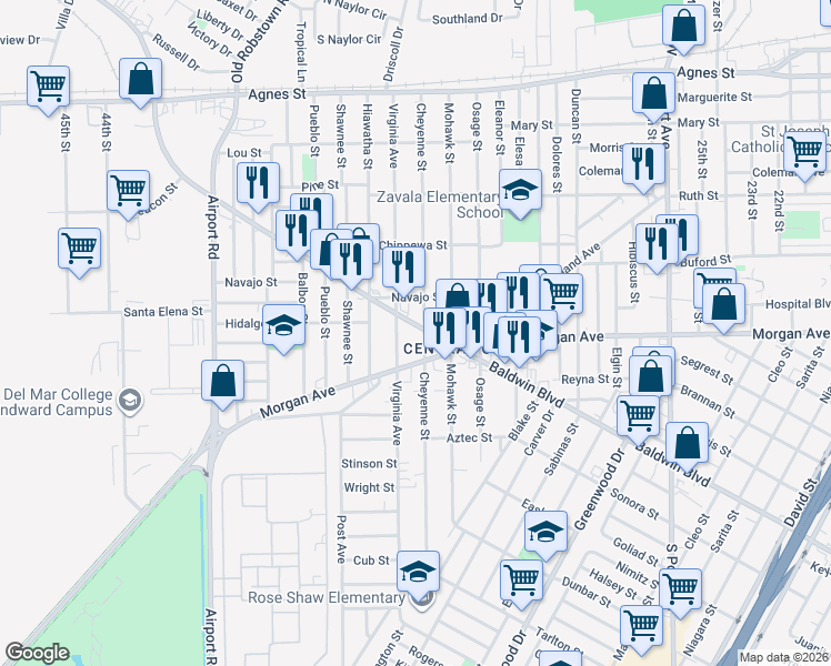 map of restaurants, bars, coffee shops, grocery stores, and more near 3418 Baldwin Boulevard in Corpus Christi