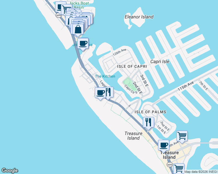 map of restaurants, bars, coffee shops, grocery stores, and more near 12108 Lagoon Lane in Treasure Island