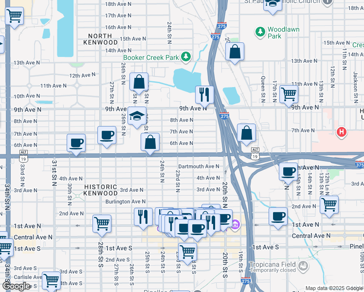 map of restaurants, bars, coffee shops, grocery stores, and more near 2215 6th Avenue North in St. Petersburg