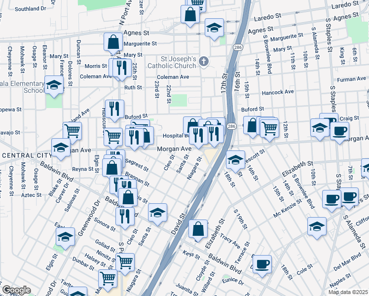 map of restaurants, bars, coffee shops, grocery stores, and more near 2232 Morgan Avenue in Corpus Christi