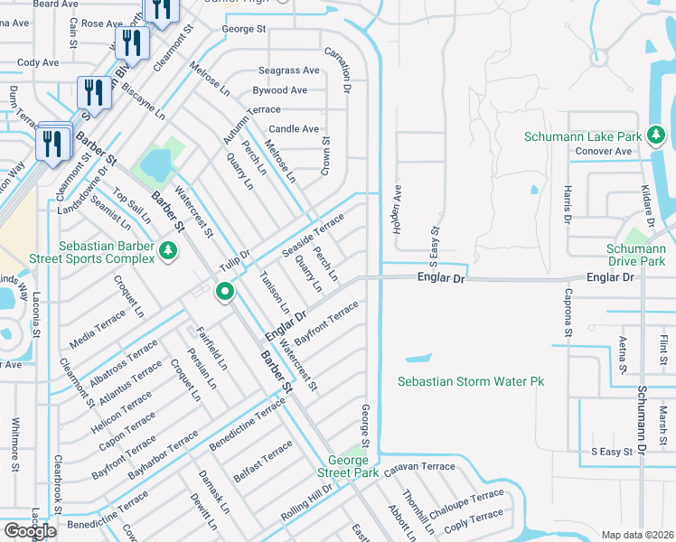 map of restaurants, bars, coffee shops, grocery stores, and more near 352 Perch Lane in Sebastian