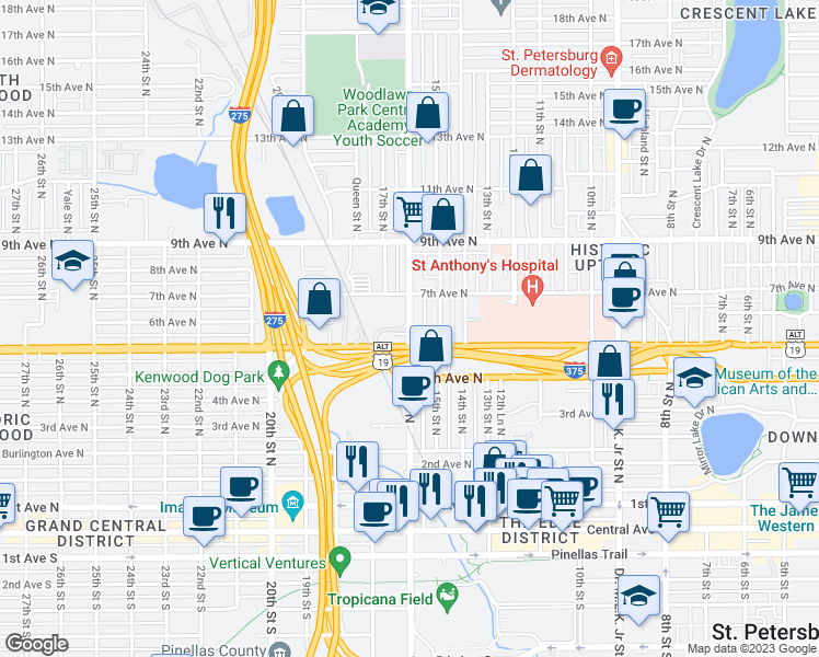 map of restaurants, bars, coffee shops, grocery stores, and more near 526 16th Street North in St. Petersburg