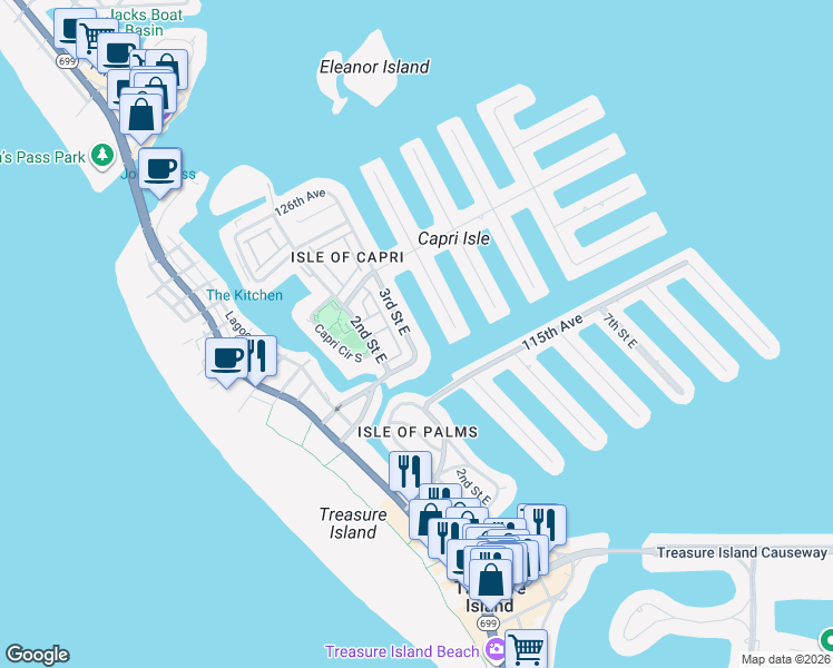 map of restaurants, bars, coffee shops, grocery stores, and more near 11755 3rd Street East in Treasure Island