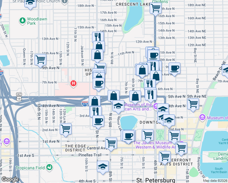 map of restaurants, bars, coffee shops, grocery stores, and more near 540 Grove Street North in St. Petersburg