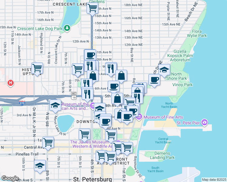 map of restaurants, bars, coffee shops, grocery stores, and more near 541 2nd Street North in Saint Petersburg