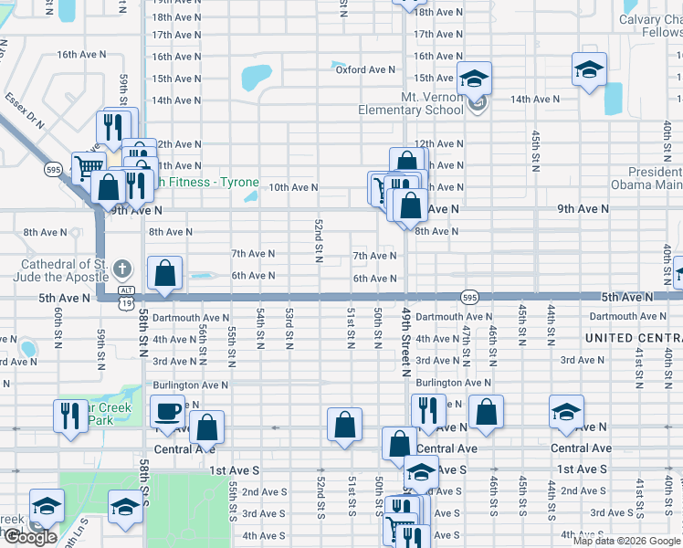 map of restaurants, bars, coffee shops, grocery stores, and more near 5042 7th Avenue North in St. Petersburg