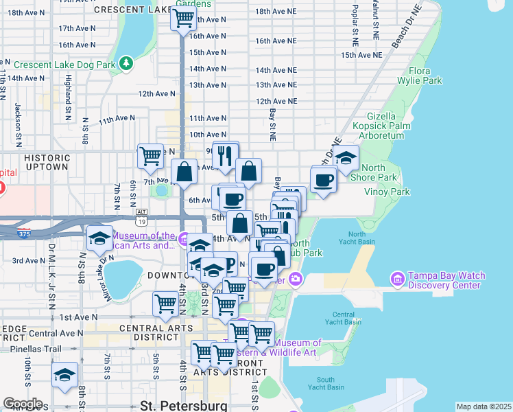 map of restaurants, bars, coffee shops, grocery stores, and more near 126 6th Avenue Northeast in St. Petersburg