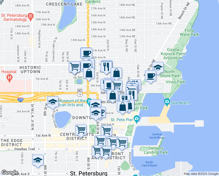 map of restaurants, bars, coffee shops, grocery stores, and more near 122 6th Avenue North in St. Petersburg