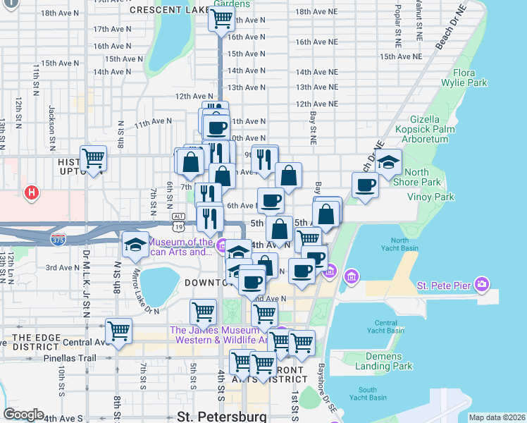 map of restaurants, bars, coffee shops, grocery stores, and more near 236 6th Avenue North in St. Petersburg