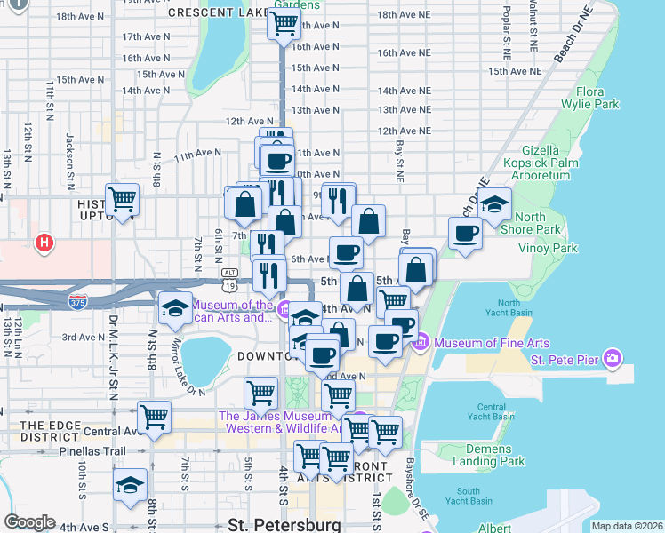 map of restaurants, bars, coffee shops, grocery stores, and more near 236 6th Avenue North in St. Petersburg