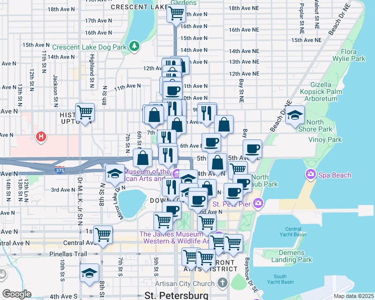 map of restaurants, bars, coffee shops, grocery stores, and more near 334n 6th Avenue North in St. Petersburg