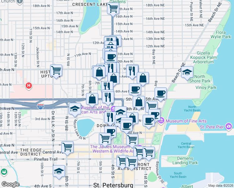 map of restaurants, bars, coffee shops, grocery stores, and more near 334n 6th Avenue North in St. Petersburg