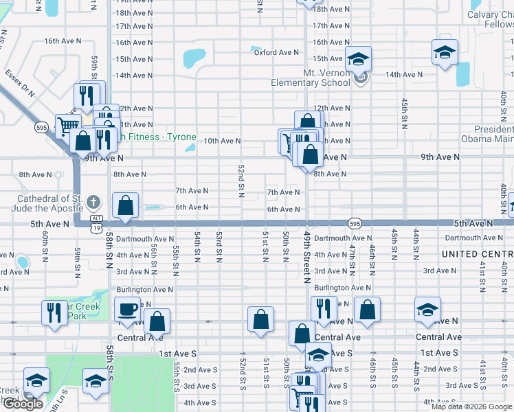 map of restaurants, bars, coffee shops, grocery stores, and more near 5042 7th Avenue North in St. Petersburg