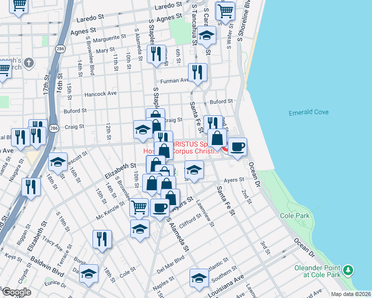 map of restaurants, bars, coffee shops, grocery stores, and more near 1312-1312 6th Street in Corpus Christi
