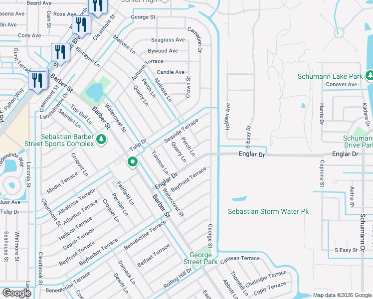 map of restaurants, bars, coffee shops, grocery stores, and more near 352 Perch Lane in Sebastian