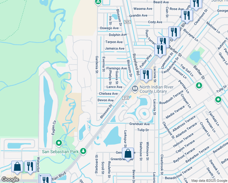 map of restaurants, bars, coffee shops, grocery stores, and more near 922 Chelsea Avenue in Sebastian