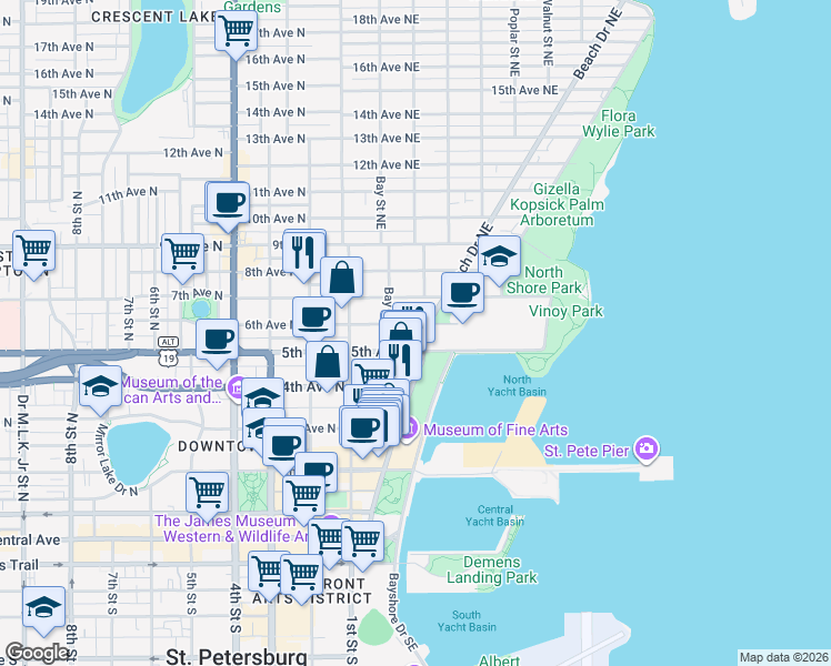 map of restaurants, bars, coffee shops, grocery stores, and more near 224 6th Avenue Northeast in St. Petersburg