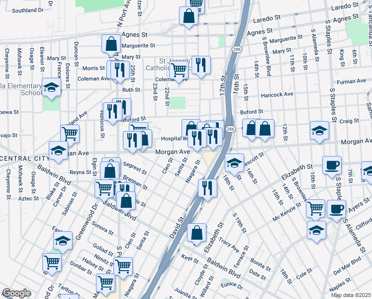 map of restaurants, bars, coffee shops, grocery stores, and more near 2232 Morgan Avenue in Corpus Christi