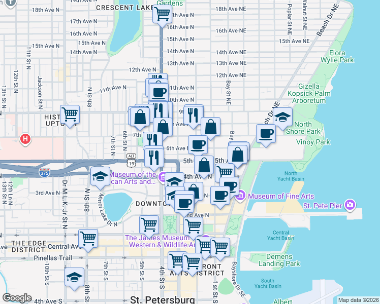 map of restaurants, bars, coffee shops, grocery stores, and more near 224 6th Avenue Northeast in St. Petersburg